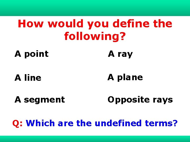 1 -1 Understanding Points, Lines, and Planes How would you define the following? A