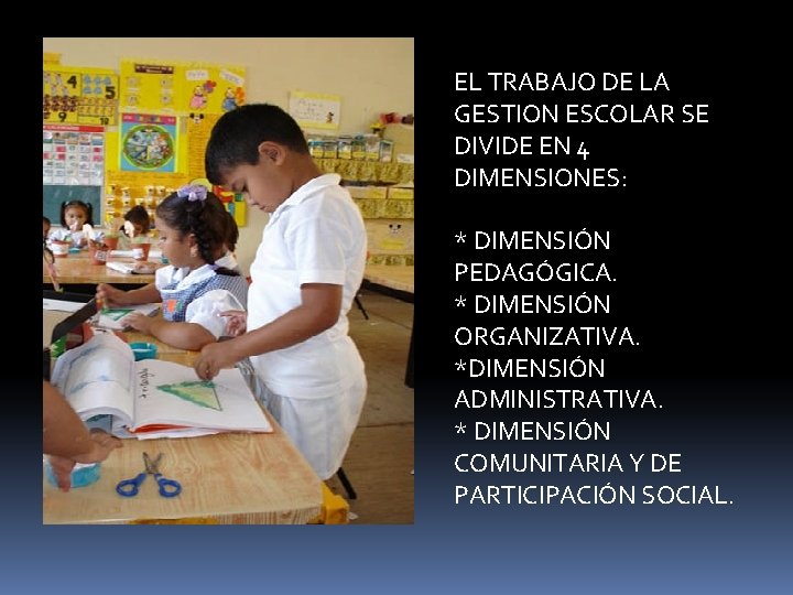 EL TRABAJO DE LA GESTION ESCOLAR SE DIVIDE EN 4 DIMENSIONES: * DIMENSIÓN PEDAGÓGICA. EL TRABAJO DE LA GESTION ESCOLAR SE DIVIDE EN 4 DIMENSIONES: * DIMENSIÓN PEDAGÓGICA.