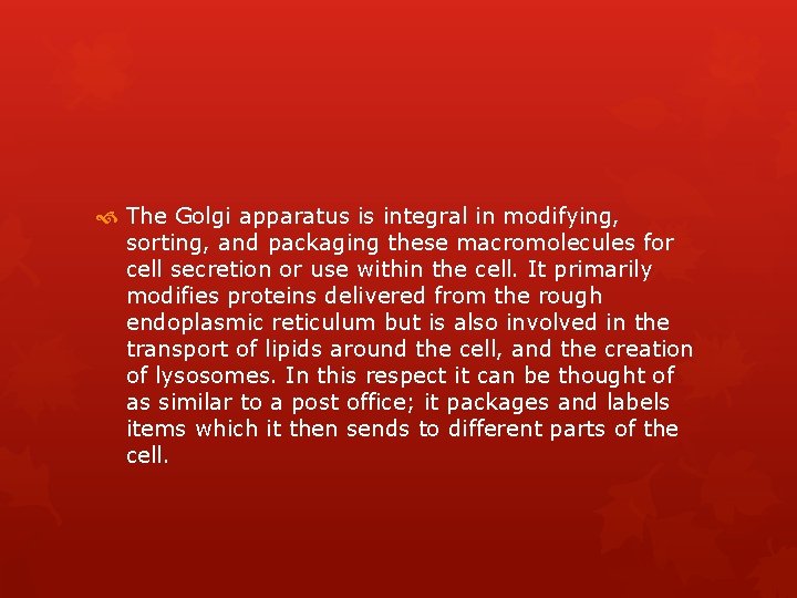  The Golgi apparatus is integral in modifying, sorting, and packaging these macromolecules for