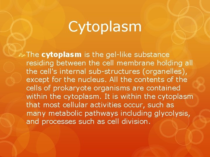 Cytoplasm The cytoplasm is the gel-like substance residing between the cell membrane holding all