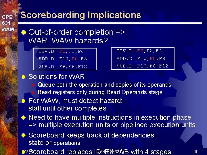 CPE 631 AM Scoreboarding Implications ® Out-of-order completion => WAR, WAW hazards? DIV. D