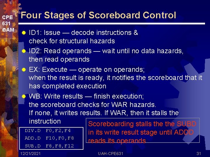 CPE 631 AM Four Stages of Scoreboard Control ID 1: Issue — decode instructions