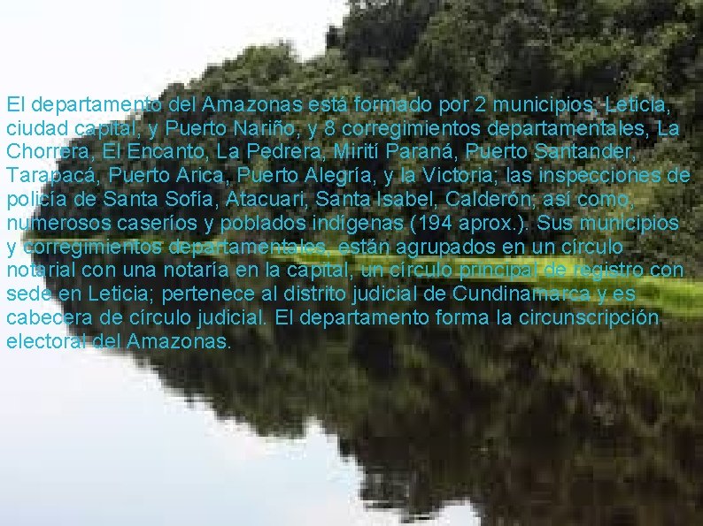 El departamento del Amazonas está formado por 2 municipios, Leticia, ciudad capital, y Puerto