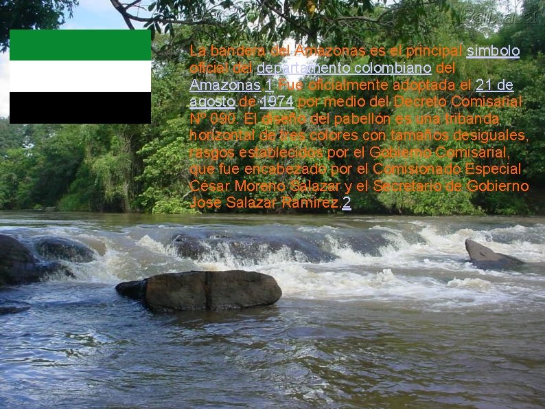 La bandera del Amazonas es el principal símbolo oficial departamento colombiano del Amazonas. 1 La bandera del Amazonas es el principal símbolo oficial departamento colombiano del Amazonas. 1