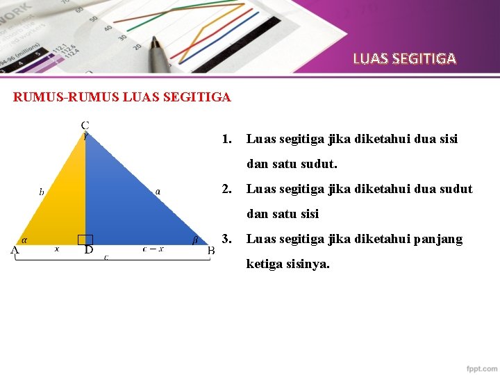 LUAS SEGITIGA RUMUS-RUMUS LUAS SEGITIGA 1. Luas segitiga jika diketahui dua sisi dan satu