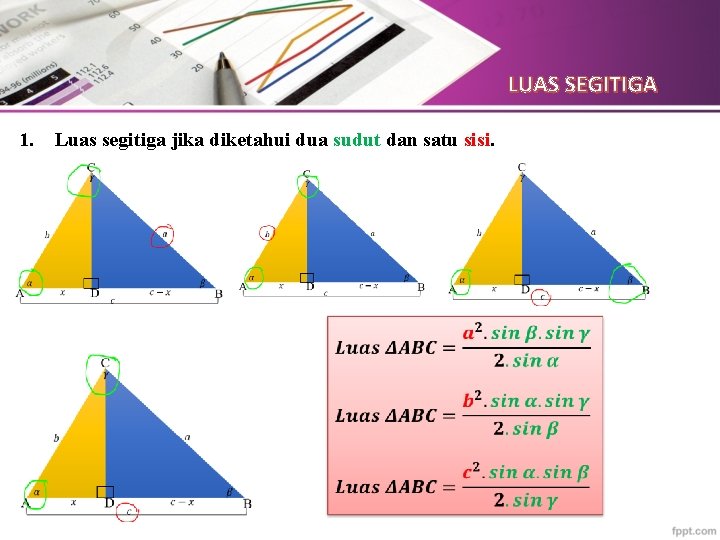LUAS SEGITIGA 1. Luas segitiga jika diketahui dua sudut dan satu sisi. 