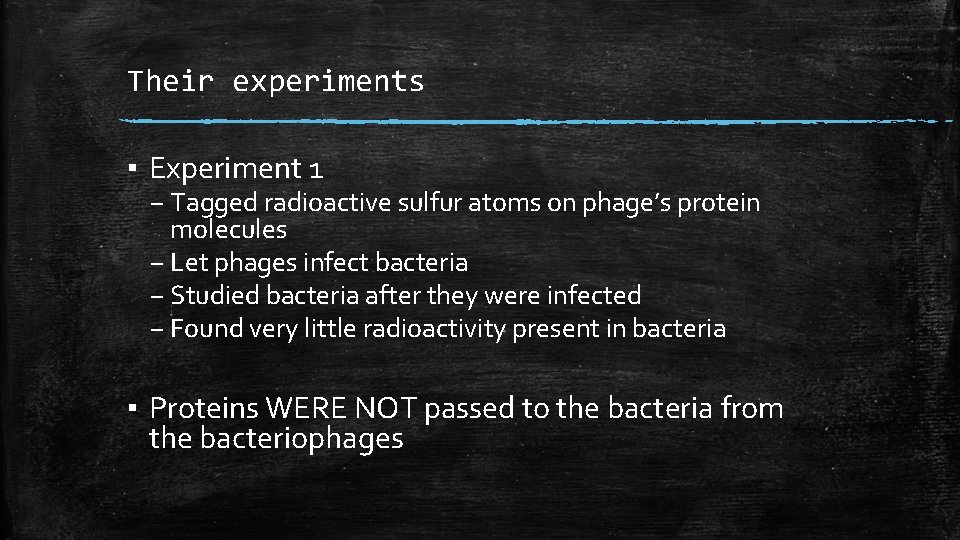 Their experiments ▪ Experiment 1 – Tagged radioactive sulfur atoms on phage’s protein molecules