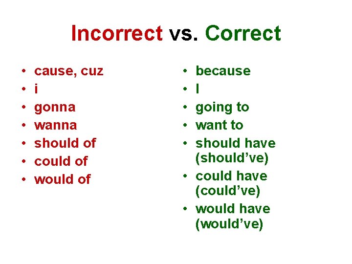 Incorrect vs. Correct • • cause, cuz i gonna wanna should of could of