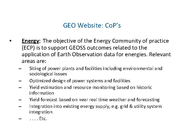 GEO Website: Co. P’s Energy: The objective of the Energy Community of practice (ECP)