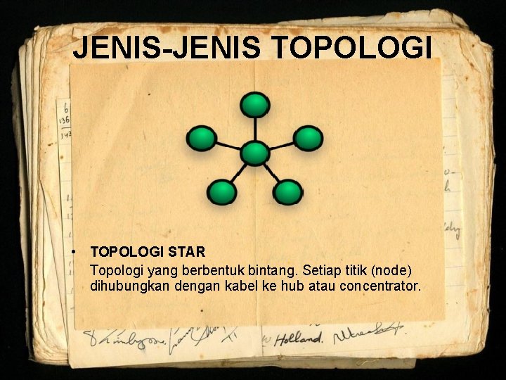 JENIS-JENIS TOPOLOGI • TOPOLOGI STAR Topologi yang berbentuk bintang. Setiap titik (node) dihubungkan dengan