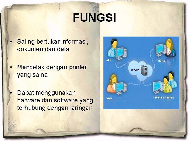 FUNGSI • Saling bertukar informasi, dokumen data • Mencetak dengan printer yang sama •