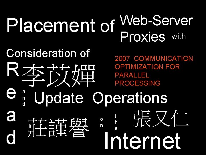 Web-Server Proxies with Placement of Consideration of 2007 COMMUNICATION OPTIMIZATION FOR PARALLEL PROCESSING R Web-Server Proxies with Placement of Consideration of 2007 COMMUNICATION OPTIMIZATION FOR PARALLEL PROCESSING R
