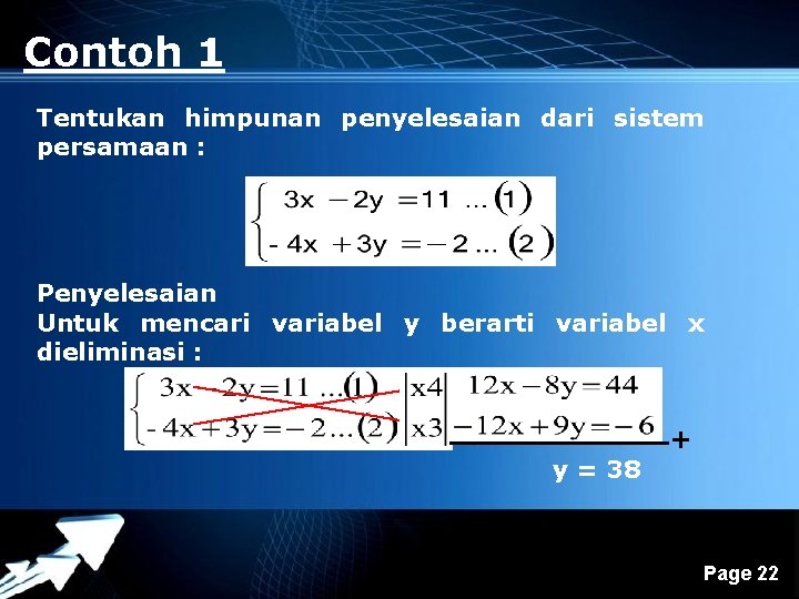 Contoh 1 Tentukan himpunan penyelesaian dari sistem persamaan : Penyelesaian Untuk mencari variabel y