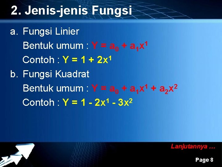 2. Jenis-jenis Fungsi a. Fungsi Linier Bentuk umum : Y = a 0 +