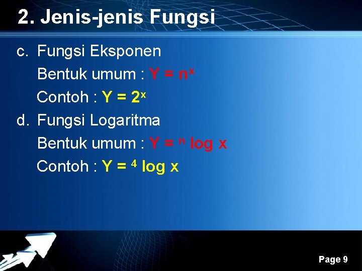 2. Jenis-jenis Fungsi c. Fungsi Eksponen Bentuk umum : Y = nx Contoh :