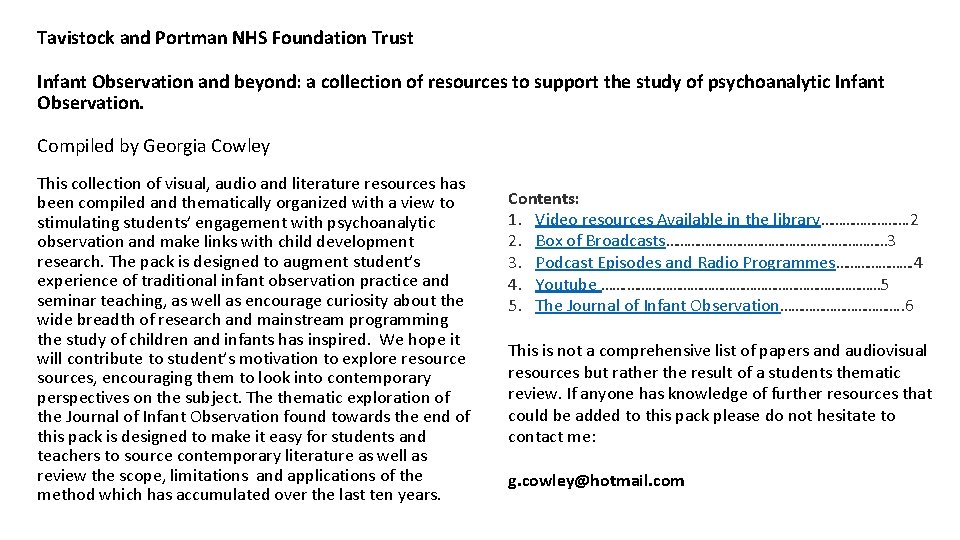 Tavistock and Portman NHS Foundation Trust Infant Observation and beyond: a collection of resources