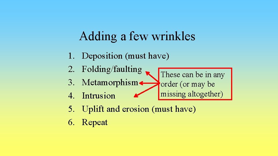 Adding a few wrinkles 1. 2. 3. 4. 5. 6. Deposition (must have) Folding/faulting