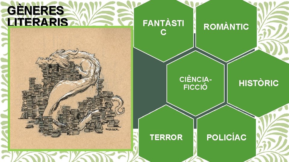 GÈNERES LITERARIS FANTÀSTI C ROMÀNTIC CIÈNCIAFICCIÓ TERROR HISTÒRIC POLICÍAC 