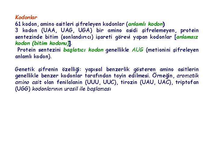 Kodonlar 61 kodon, amino asitleri şifreleyen kodonlar (anlamlı kodon) 3 kodon (UAA, UAG, UGA)