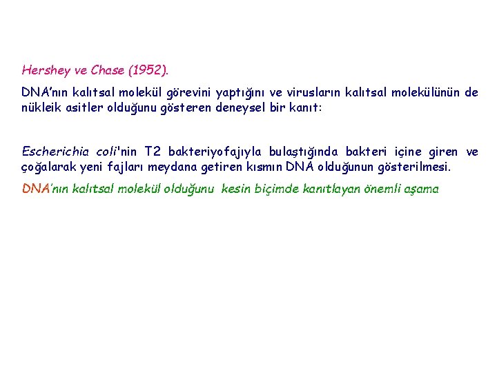 Hershey ve Chase (1952). DNA’nın kalıtsal molekül görevini yaptığını ve virusların kalıtsal molekülünün de