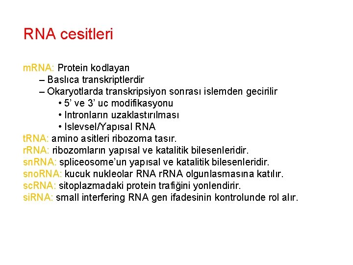 RNA cesitleri m. RNA: Protein kodlayan – Baslıca transkriptlerdir – Okaryotlarda transkripsiyon sonrası islemden