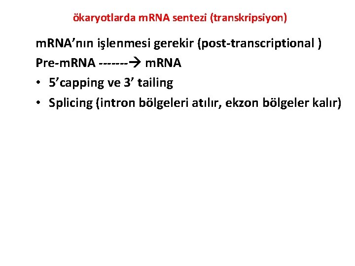 ökaryotlarda m. RNA sentezi (transkripsiyon) m. RNA’nın işlenmesi gerekir (post-transcriptional ) Pre-m. RNA -------