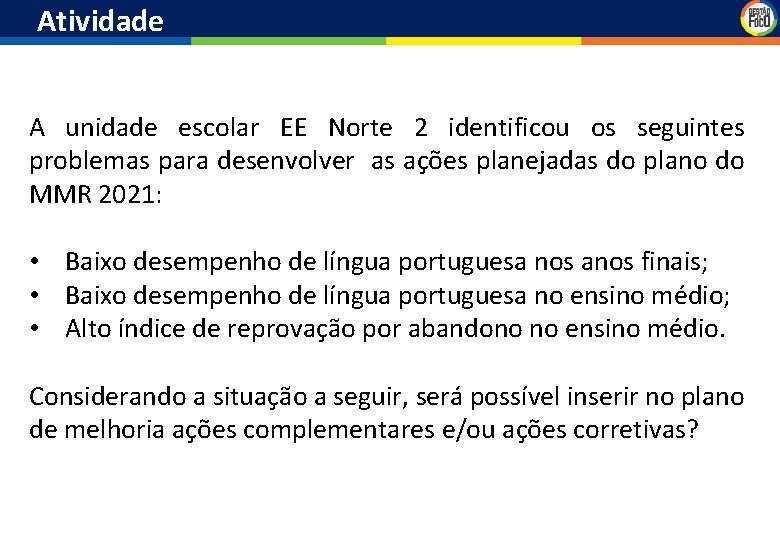 Atividade A unidade escolar EE Norte 2 identificou os seguintes problemas para desenvolver as