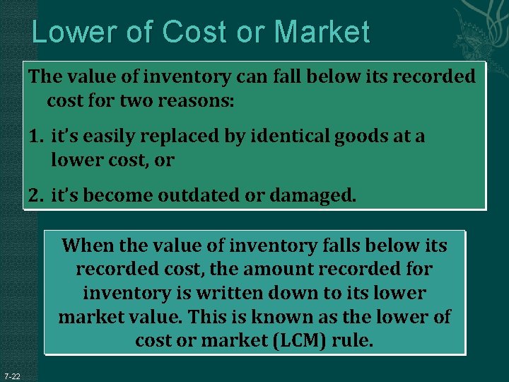 Lower of Cost or Market The value of inventory can fall below its recorded