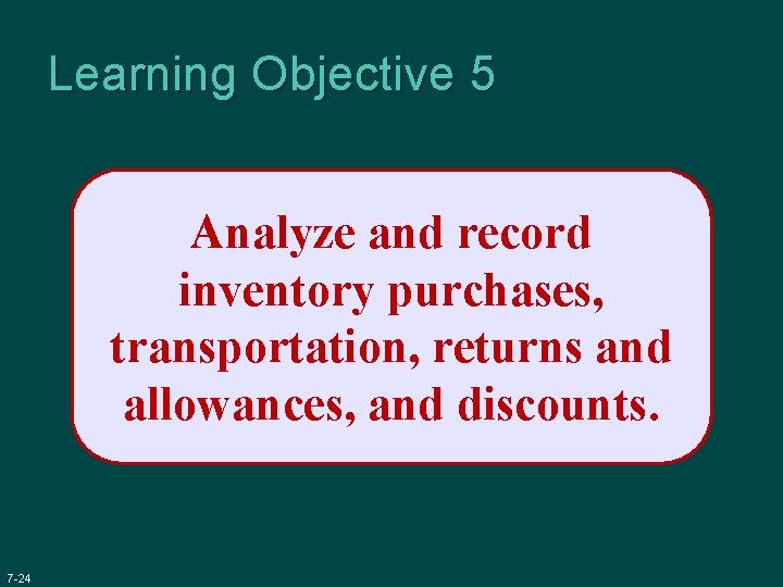 Learning Objective 5 Analyze and record inventory purchases, transportation, returns and allowances, and discounts.