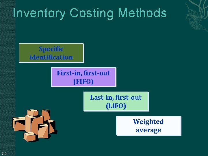 Inventory Costing Methods Specific identification First-in, first-out (FIFO) Last-in, first-out (LIFO) Weighted average 7