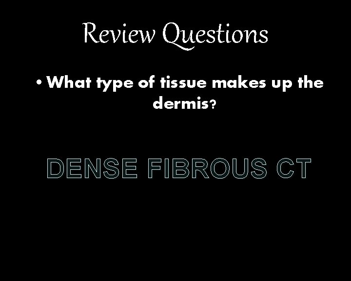 Review Questions • What type of tissue makes up the dermis? DENSE FIBROUS CT