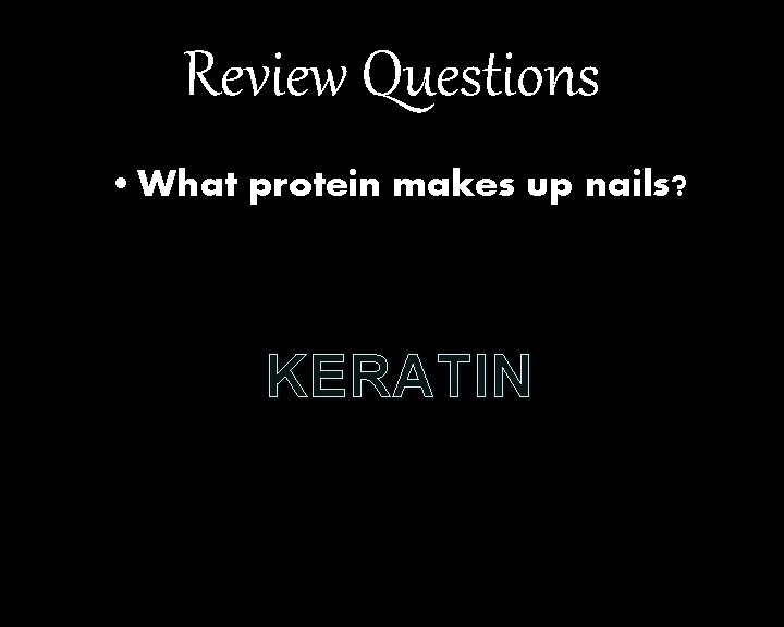 Review Questions • What protein makes up nails? KERATIN 