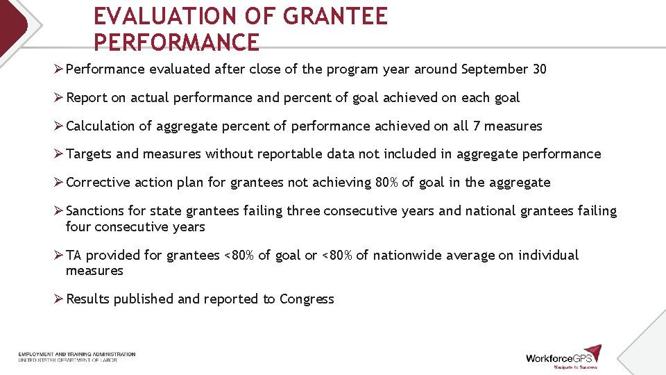 EVALUATION OF GRANTEE PERFORMANCE Ø Performance evaluated after close of the program year around EVALUATION OF GRANTEE PERFORMANCE Ø Performance evaluated after close of the program year around