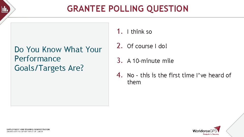GRANTEE POLLING QUESTION 1. I think so Do You Know What Your Performance Goals/Targets GRANTEE POLLING QUESTION 1. I think so Do You Know What Your Performance Goals/Targets
