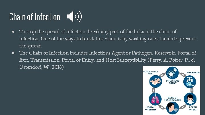 Chain of Infection ● To stop the spread of infection, break any part of