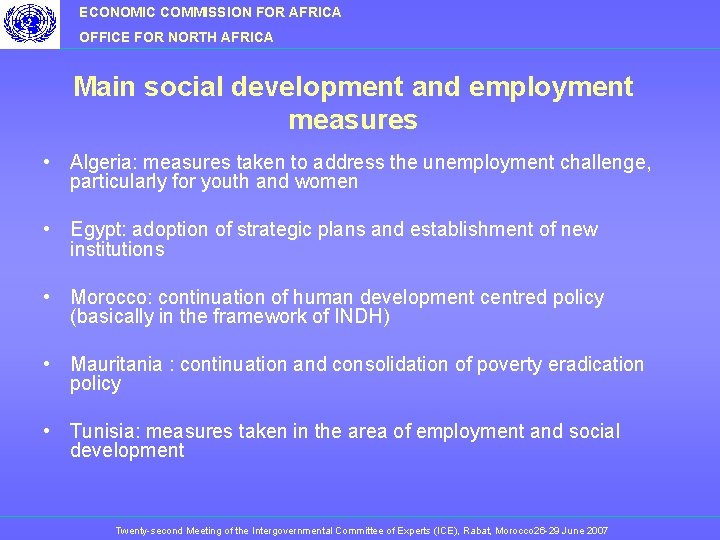 ECONOMIC COMMISSION FOR AFRICA OFFICE FOR NORTH AFRICA Main social development and employment measures