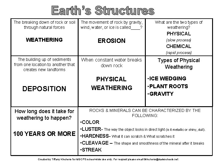Earth’s Structures The breaking down of rock or soil through natural forces The movement