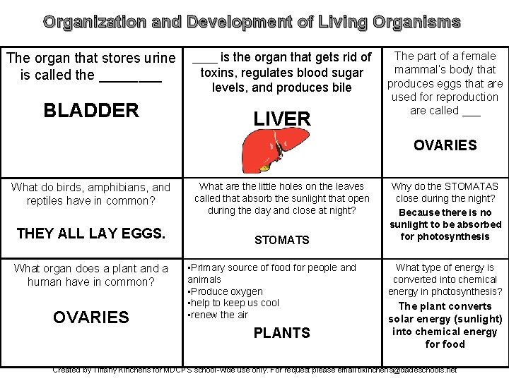 Organization and Development of Living Organisms The organ that stores urine is called the