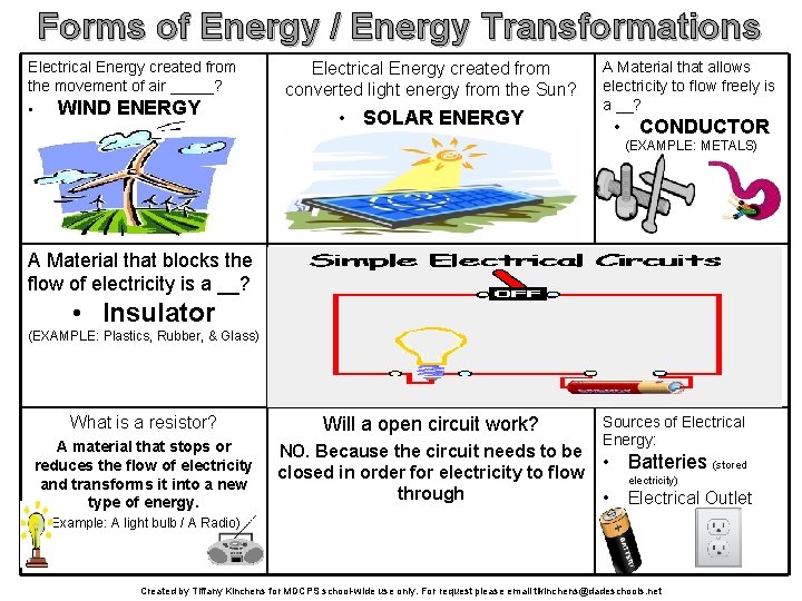 Forms of Energy / Energy Transformations Electrical Energy created from the movement of air