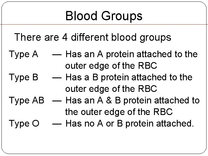 Blood Groups There are 4 different blood groups — Has an A protein attached Blood Groups There are 4 different blood groups — Has an A protein attached