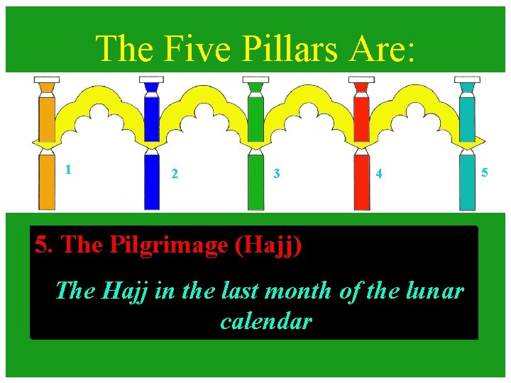 The Five Pillars Are: 1 2 3 4 5. The Pilgrimage (Hajj) The Hajj The Five Pillars Are: 1 2 3 4 5. The Pilgrimage (Hajj) The Hajj