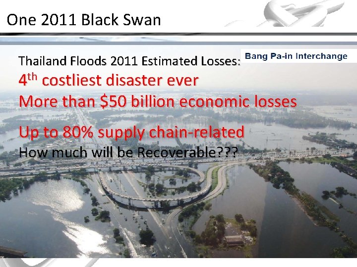 One 2011 Black Swan Thailand Floods 2011 Estimated Losses: 4 th costliest disaster ever