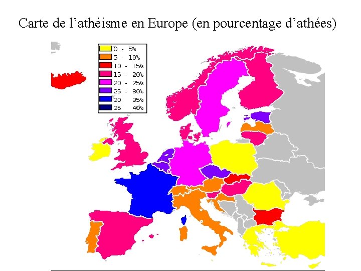 Carte de l’athéisme en Europe (en pourcentage d’athées) 