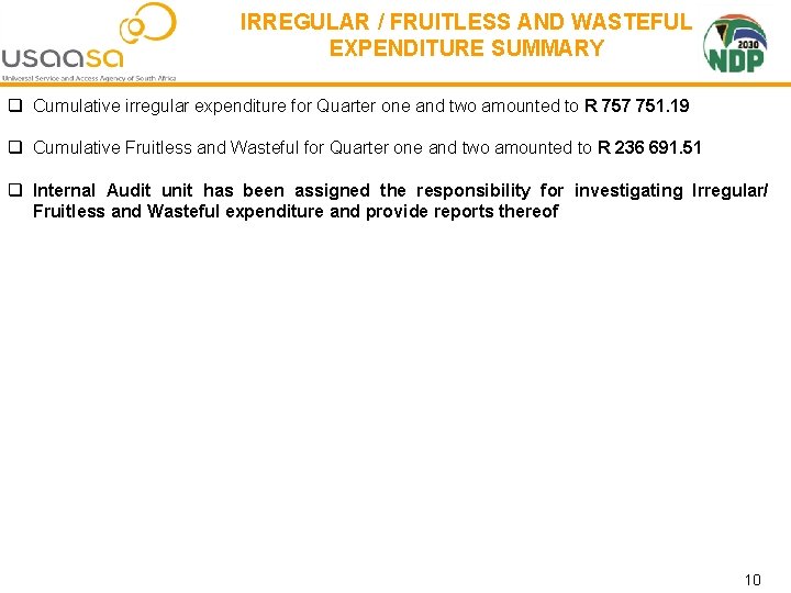 IRREGULAR / FRUITLESS AND WASTEFUL EXPENDITURE SUMMARY q Cumulative irregular expenditure for Quarter one