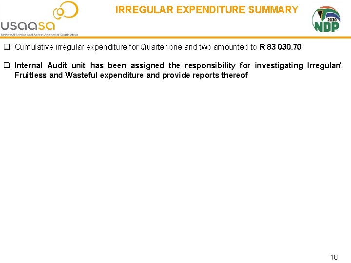 IRREGULAR EXPENDITURE SUMMARY q Cumulative irregular expenditure for Quarter one and two amounted to
