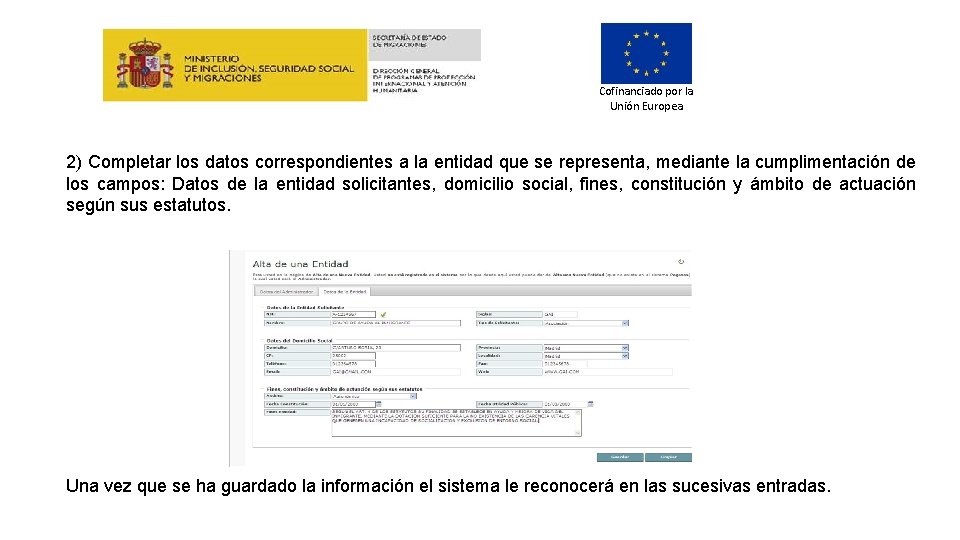 Cofinanciado por la Unión Europea 2) Completar los datos correspondientes a la entidad que