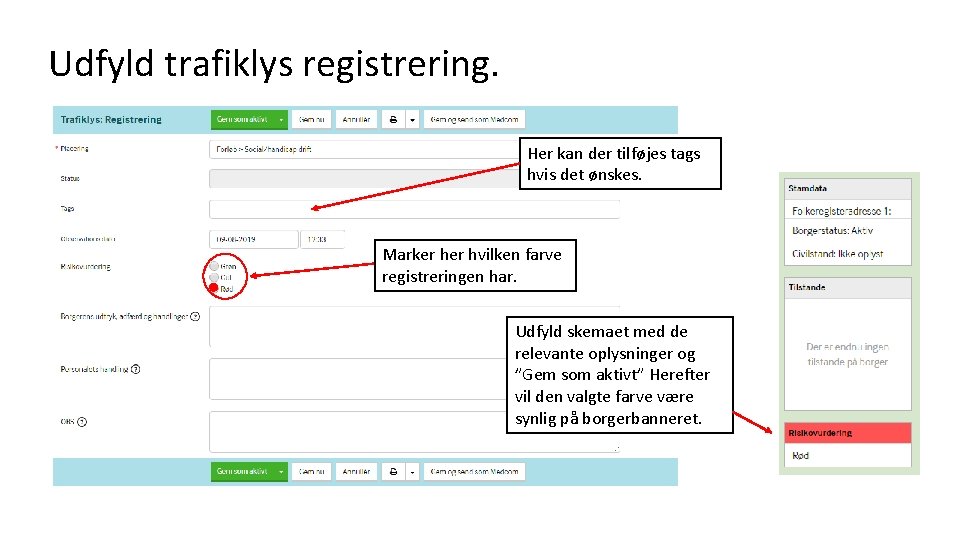 Udfyld trafiklys registrering. Her kan der tilføjes tags hvis det ønskes. Marker hvilken farve