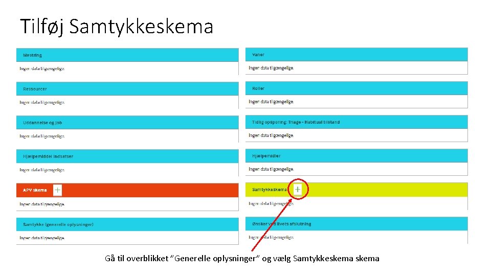 Tilføj Samtykkeskema Gå til overblikket ”Generelle oplysninger” og vælg Samtykkeskema 