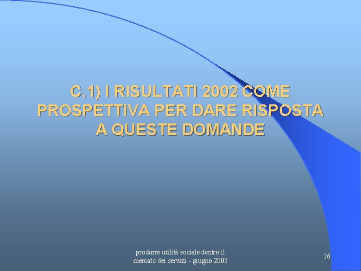 C. 1) I RISULTATI 2002 COME PROSPETTIVA PER DARE RISPOSTA A QUESTE DOMANDE produrre