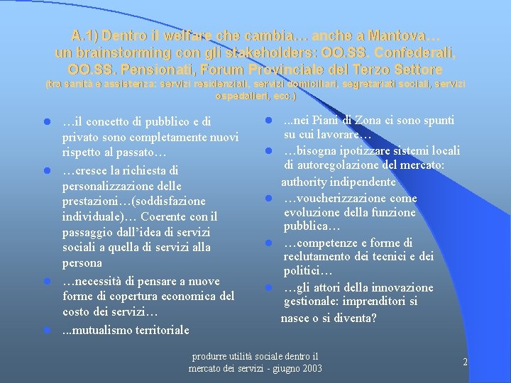 A. 1) Dentro il welfare che cambia… anche a Mantova… un brainstorming con gli